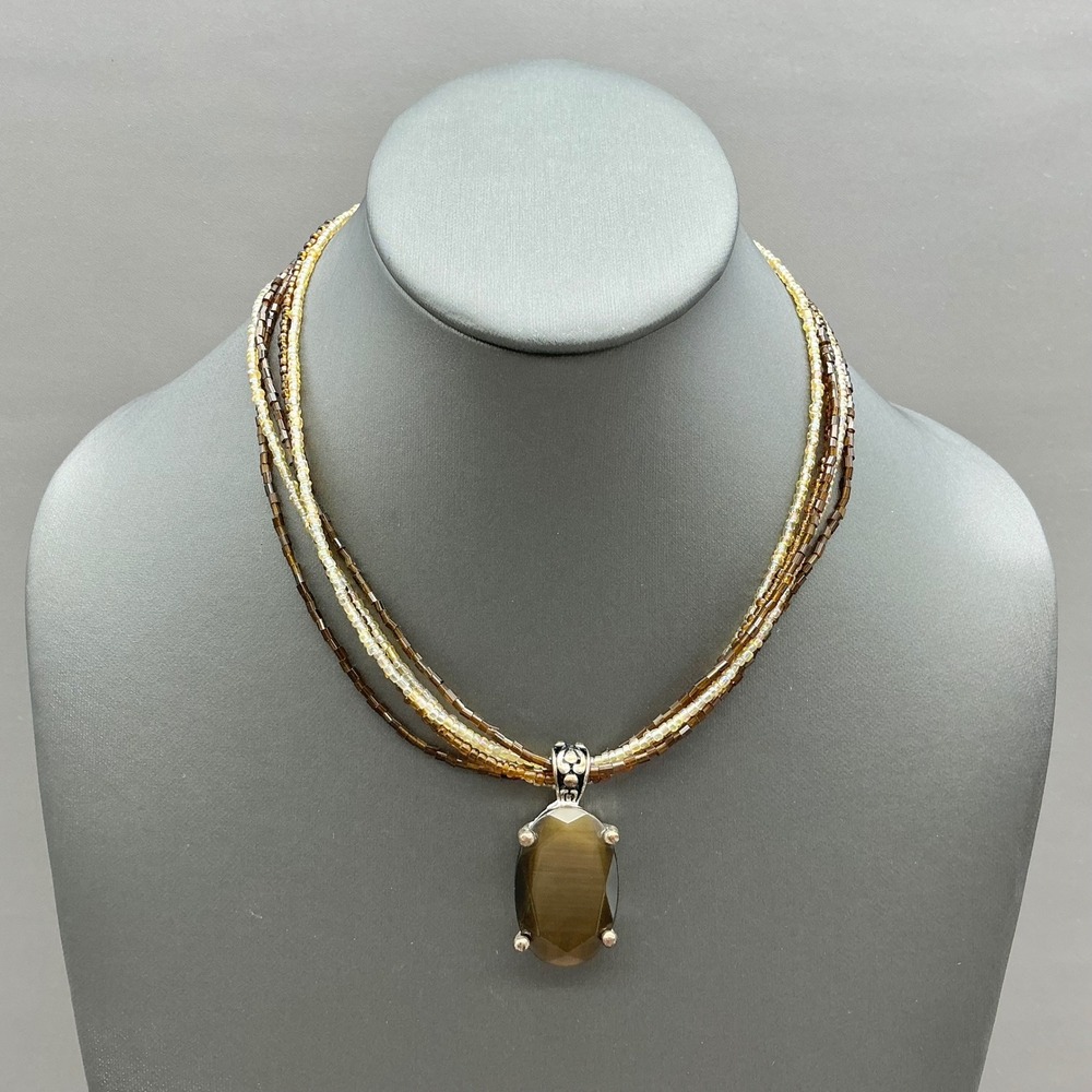 Premier Designs Necklace Women Brown Multi Strand Beaded Faux Tigers Eye Pendant